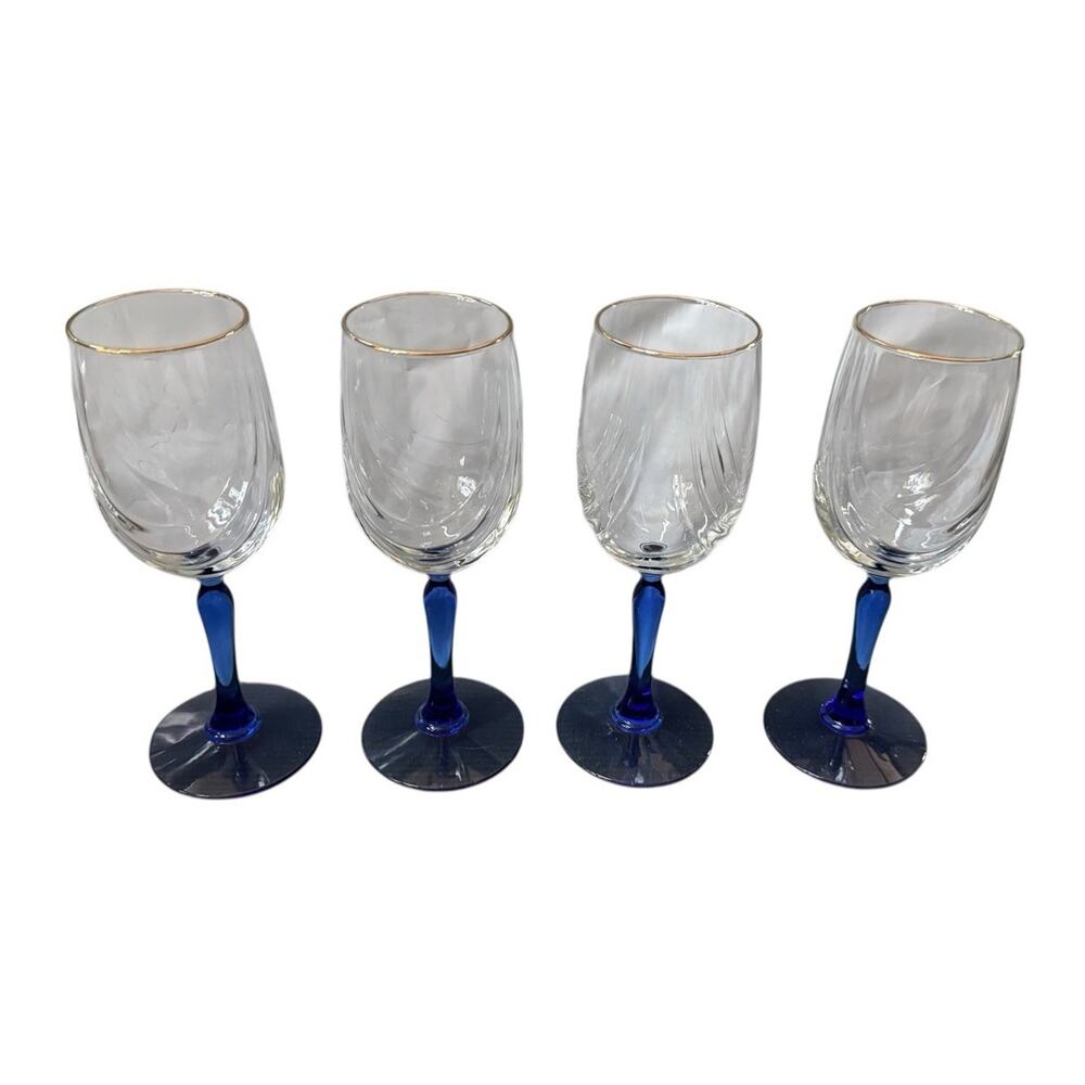 VTG Cobalt Blue Stem Wine Glasses (4) Clear Swag Lenox Draped‎ Gold Trim Party